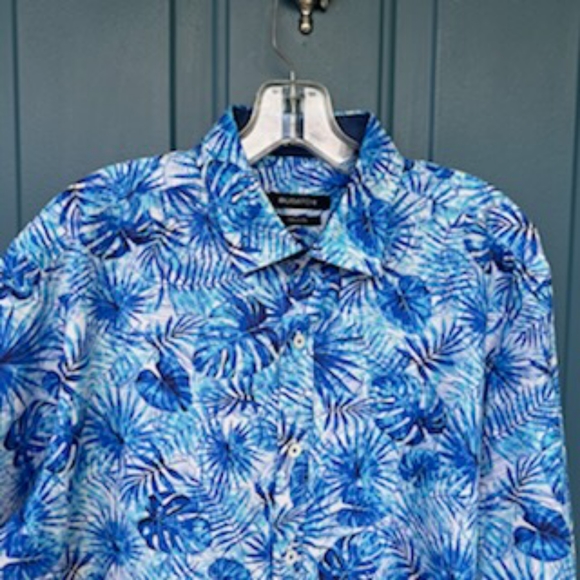 BUGATCHI CLASSIC FIT BUTTON FLIP CUFF BLUE PALM LEAVES SHIRT LARGE - Picture 11 of 16